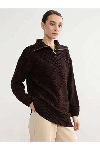 LC Waikiki Brown Polo Collar Diamond Patterned Women's Knitwear Tunic