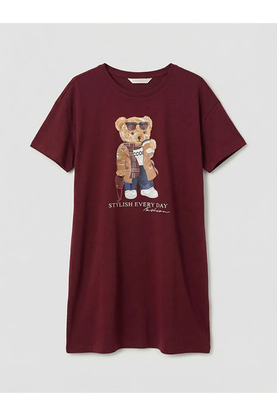 LC Waikiki Burgundy Crew Neck Bear Teddy Printed Women's Nightgown