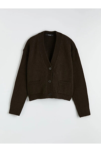 LC Waikiki Brown V-Neck Women's Knitwear Cardigan