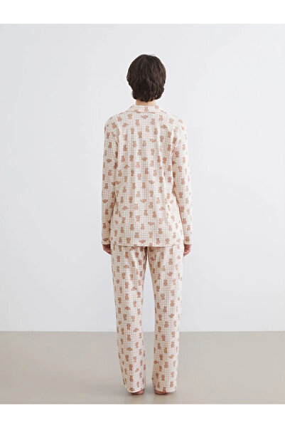 LC Waikiki Ροζ πουκάμισο με γιακά και σχέδιο αρκουδάκι, γυναικείο σετ πιτζάμες