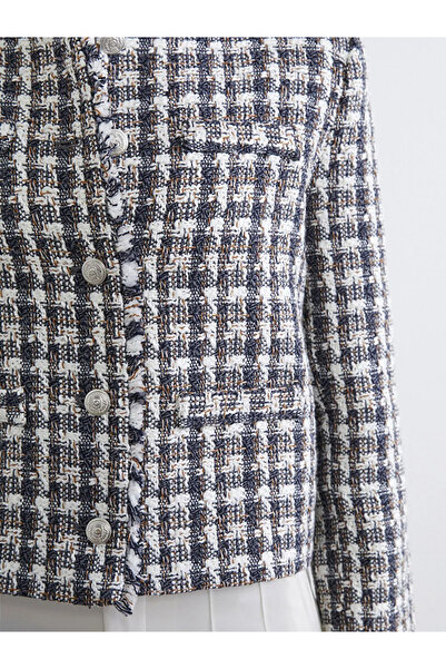 LC Waikiki Grey bicycle collar plaid women's tweed jacket