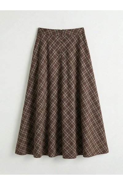 LC Waikiki Καφέ καρό φούστα σε γραμμή Α με φερμουάρ στη μέση