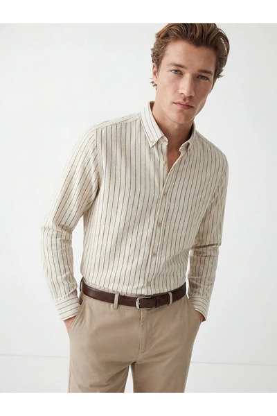 LC Waikiki Ecru Slim Fit Striped Men's Shirt