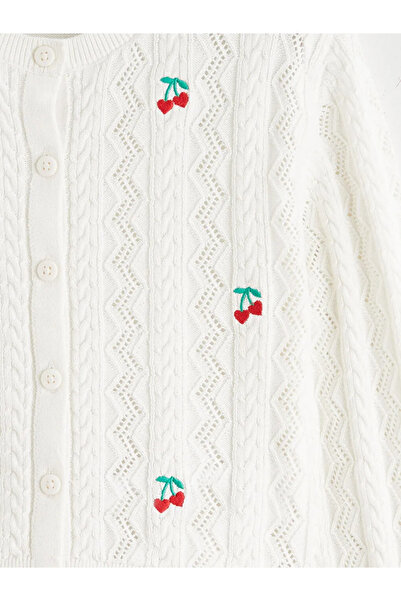 LC Waikiki Cardigan tricotat pentru fete cu broderie cireșe ecru