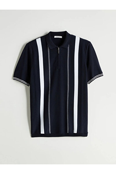 LC Waikiki Navy Blue Polo Collar Short Sleeve Striped Men's Knitwear Sweater