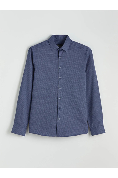 LC Waikiki Navy Blue Slim Fit Patterned Dobby Men's Shirt