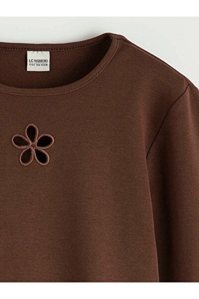 LC Waikiki Καφέ μπλουζάκι για κορίτσια με λουλουδάτο κέντημα και λαιμόκοψη πο...