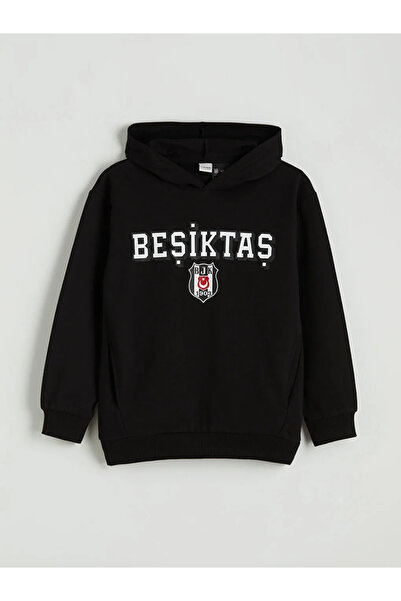 LC Waikiki Черна качулка Beşiktaş Принтирана мъжка блуза