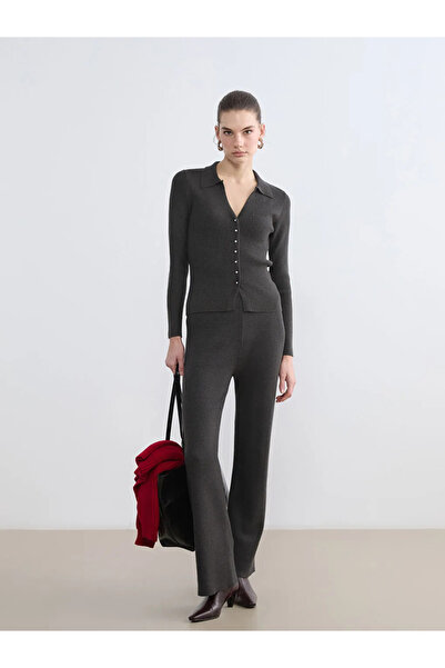 LC Waikiki Anthracite Elastic Waist Wide Leg Knitwear Women's Trousers