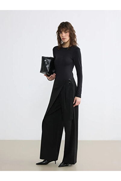 LC Waikiki Black Wide Leg Women's Trousers with Belt