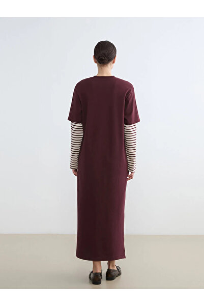 LC Waikiki Burgundy Crew Neck Striped Sweat Dress