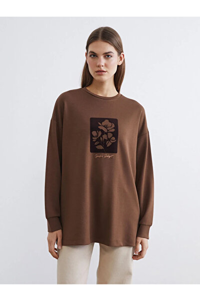 LC Waikiki Καφέ εμπριμέ μπλούζα με απαλή υφή, υπερμεγέθης γυναικεία μπλούζα φ...