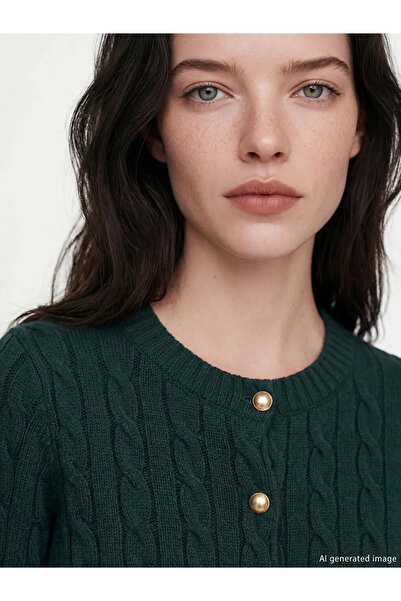 LC Waikiki Green Crew Neck Patterned Women's Knitwear Cardigan