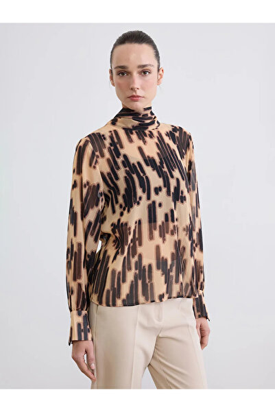 LC Waikiki Brown Tie-Up Mock Neck Patterned Chiffon Blouse