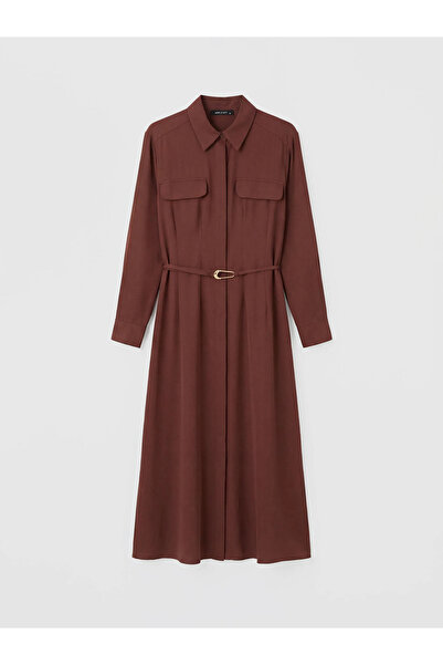 LC Waikiki Καφέ φόρεμα-πουκάμισο με ζώνη και εφαρμοστή μέση