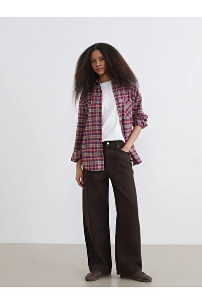 LC Waikiki Burgundy Plaid Oversized Women's Lumberjack Shirt