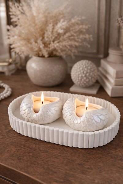 BUBUHOMEDECOR 2' li Set ve Tabaklı Melek Kanatlı Mumluk