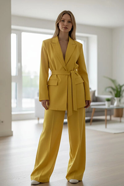 modayiğit Sarı şal yaka şık kadın takımı