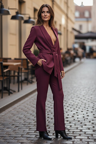 modayiğit Bordo şal yaka şık kadın takımı