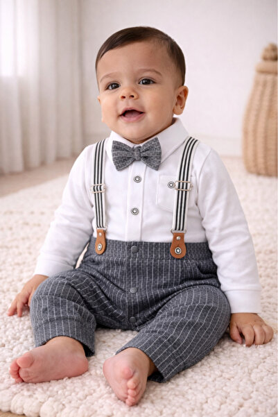 Victor and Jane Infant Boys’ Shirt, Bow Tie & Suspenders Mock Romper 3 Pc Set