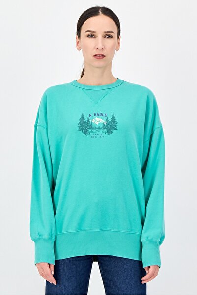 AMERICAN EAGLE Women Ribbed Neck Graphic Print Long Sleeve Sweatshirt, Green