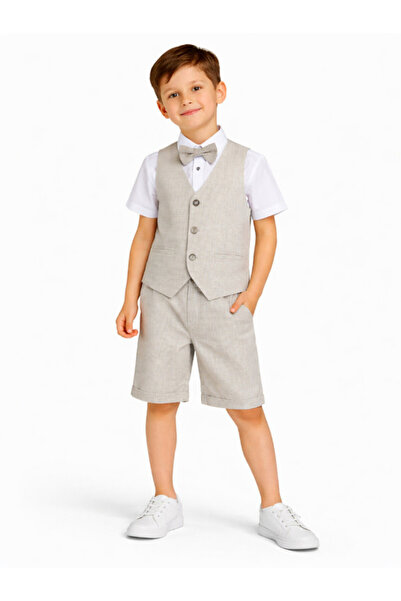 Victor and Jane Neutral Waistcoat, Shirt, Shorts & Bow Tie Set