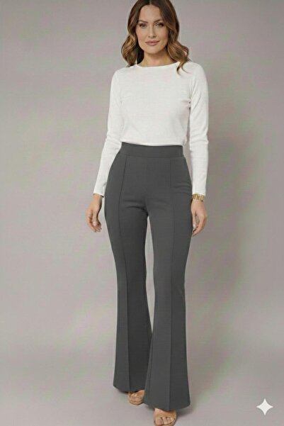 ECEYLÜL MODA Women's Smoke Gray High-Waisted Seamed Flared Flare Pants - Shap...