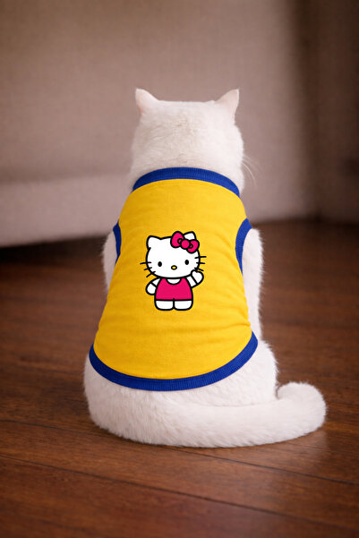 petite pati تيشيرت أصفر مطبوع عليه Hello K2 مقاس L للقطط (100% قطن ممشط)