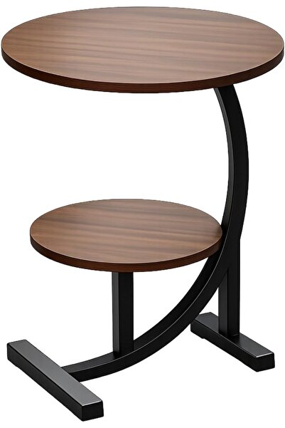 Biki Round two-tier side table, wood and metal, 60x40x30 cm, brown and black