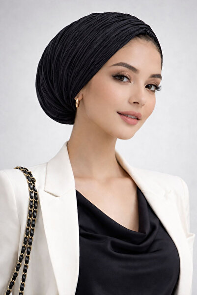 Aişe tesettür Black Pleated Gathered Casual Bonnet
