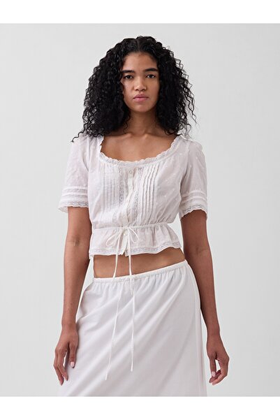 GAP Kadın Beyaz Dantel Detaylı Peplum Bluz