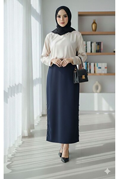 Marina Trend Black Hijab Pencil Skirt with Side Button Detail - High Waist St...