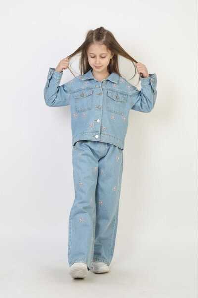 Butik Kız Çocuk Nakış Detaylı Kot Ceket Pantolon Takım Açık Mavi Günlük Şık K...