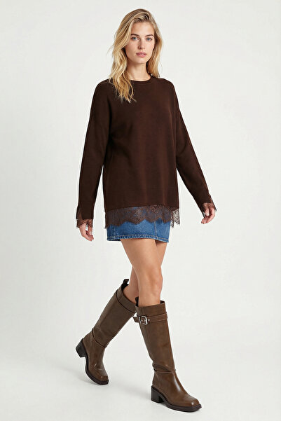 Lovelyİstanbul Long Contrast Lace Detailed Knitwear Sweater Lyy0135 Brown