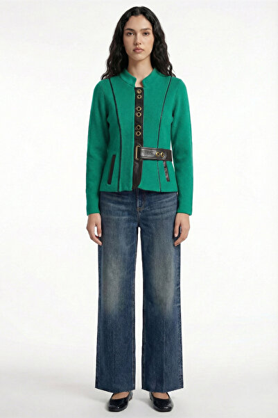 Sementa سترة نسائية من الصوف بتفاصيل من الجلد الصناعي - أخضر - أسود