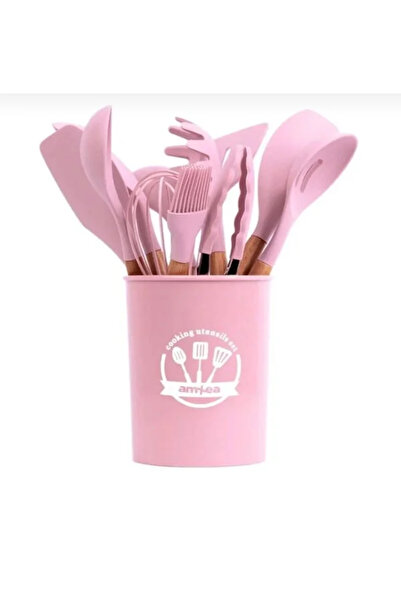 AMRIS Set 12 Ustensile de Bucătărie din Silicon cu Mânere din Lemn, ROZ
