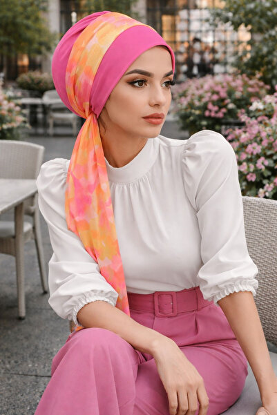 Aişe tesettür Pink Batik Pattern Scarf Bonnet