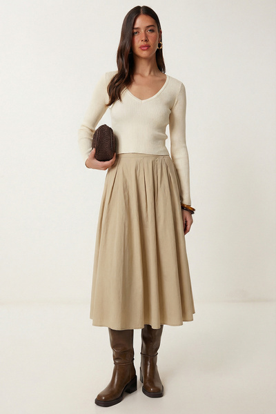 Lovelyİstanbul Summer Flared Midi Woven Skirt Lcr0110 Beige