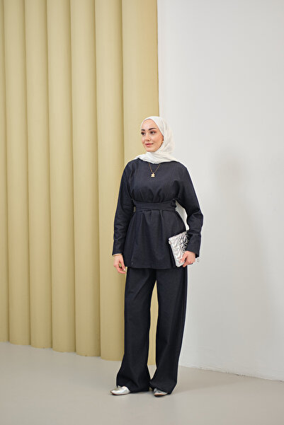 LOCCO Women's Ankle Zipper Front Slit Waist Tie Suit Navy Blue