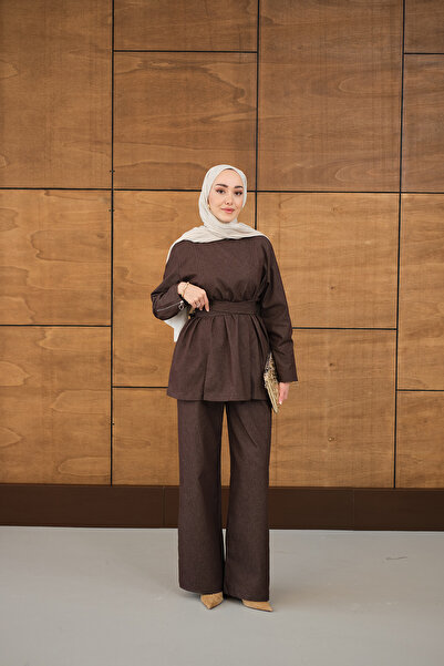 LOCCO Women's Ankle Zipper Front Slit Waist Tie Set Brown