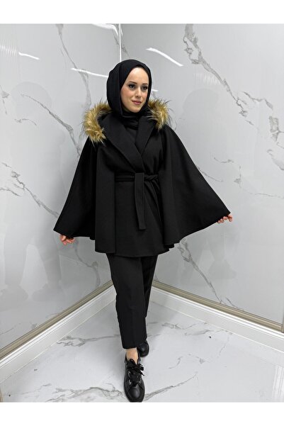 MODARTE Kadın Kürklü Panço Standart Beden Siyah – Kışlık Şık