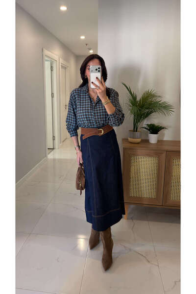 BİRCANÇİL Fusta midi din denim cu curea Lissa, albastru marin închis