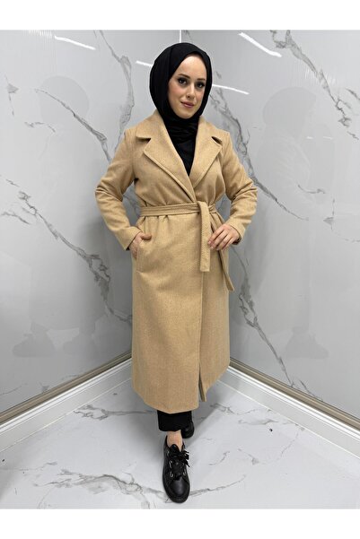 MODARTE Kadın Balık Sırtı Desenli Kaşe Kaban Kahve – Kışlık