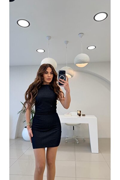 Şulenin Butiği DRAPELİ LİKRALI KUMAŞ ELBİSE LACİVERT