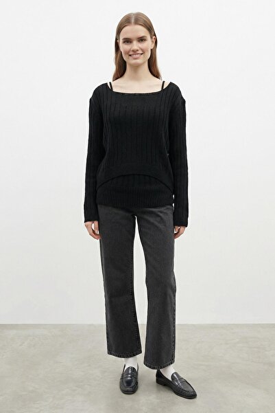 Soul Γυναικείο Πλεκτό Σετ Μπλούζας Δύο Τεμαχίων - 31779BLZ - ΜΑΥΡΟ