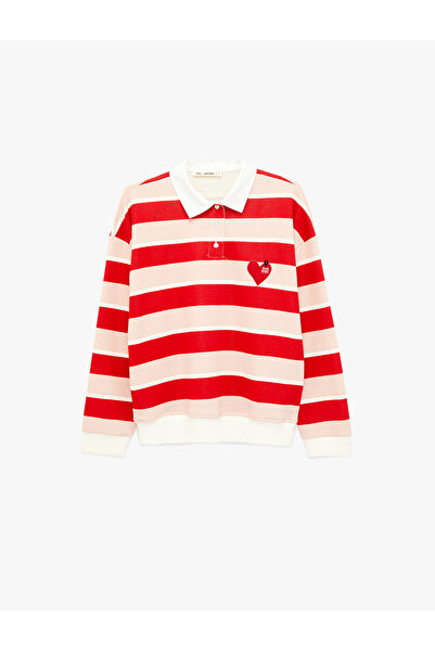 Koton Polo Collar Buttoned Long Sleeve Oversize Heart Striped Sweatshirt