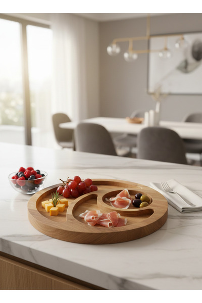 ORENDABARK Masif Ahşap 3 Bölmeli Çerezlik Ve Sosluk Modern Sunum Tablası