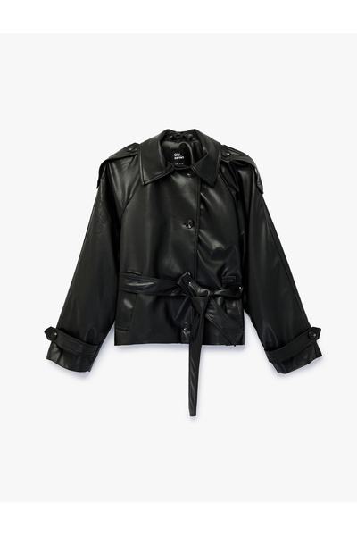 Koton Belt Detailed Classic Collar Buttoned Pocketed Long Sleeve Faux Leather...