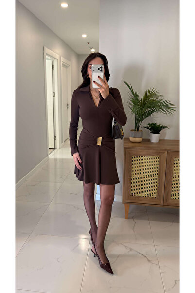 BİRCANÇİL Giosla Brown Design Dress with Gold Buckle Detail