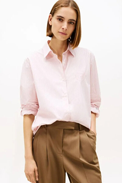 Tommy Hilfiger Kadın Çizgili Oversized Pamuklu Gömlek - Pembe